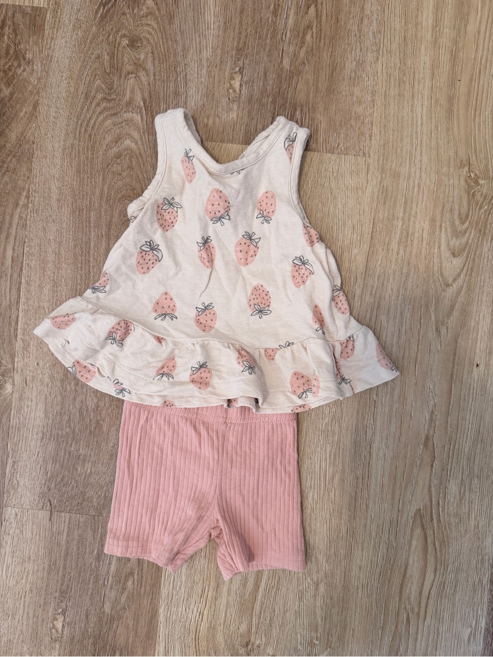Organic cotton Soft Pink Strawberry Ruffle Tank & Ribbed Shorts Matching Set